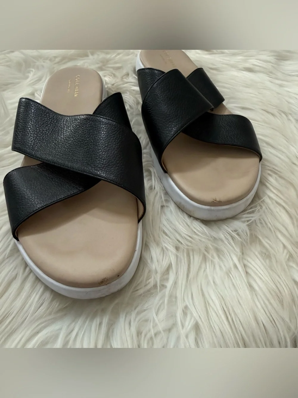 Cole Haan ZerøGrand Criss Cross Leather Slide Sandals Black White Comfort 10.5